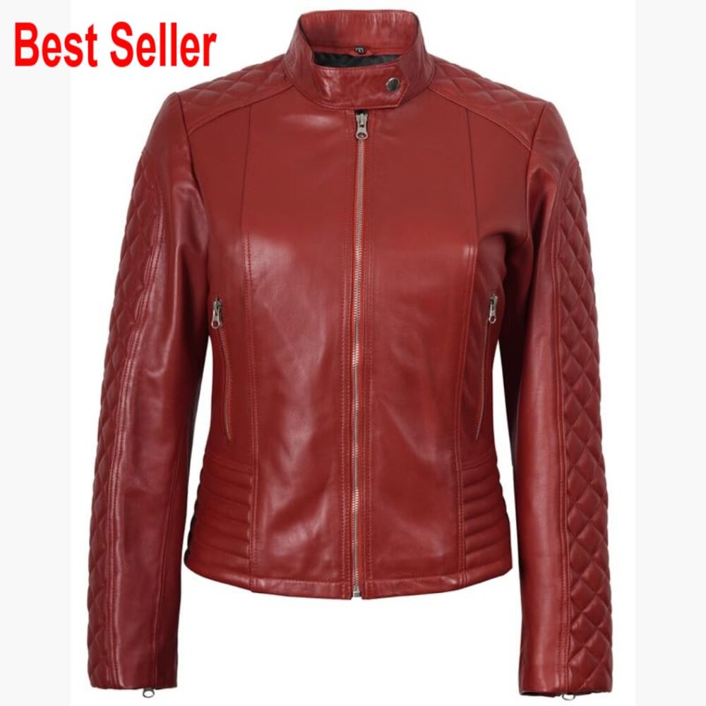 Real Lambskin Leather Jacket, Cafe Racer Style, Quilted Band Collar - Picture 4 of 6